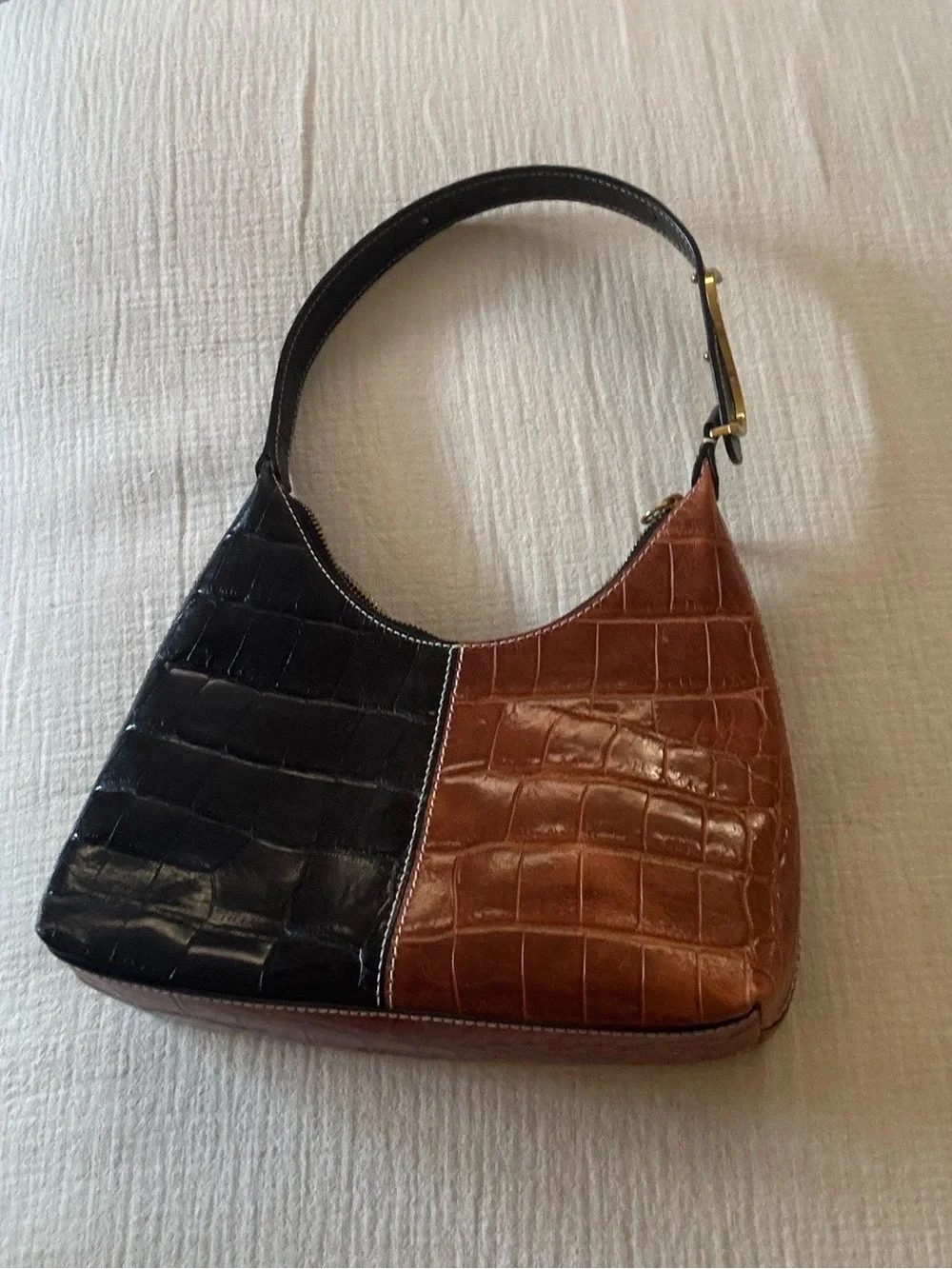 STAUD Black and Brown Croc embossed Scotty Bag